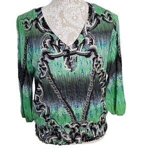 Style & Co Womens green, blue,  black, and ivory 3/4 sleeve top, Petite PM